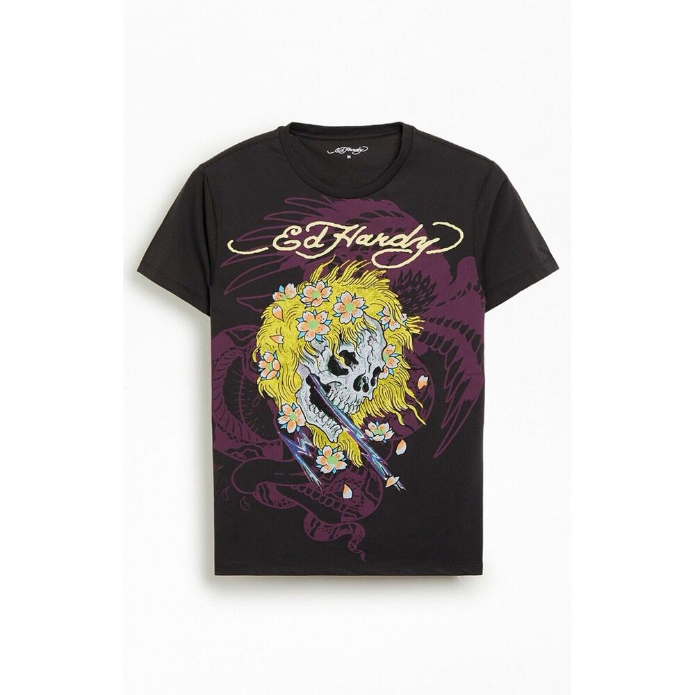 Ed Hardy T Shirt Skull Flowers Mens Size Small Black Short Sleeve Boho Y2K Tee